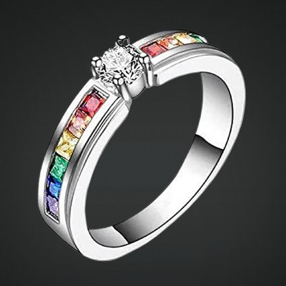 Sterling Silver 925 Cubic Zirconia Rainbow Band Ring Size 8 New in Gift Box